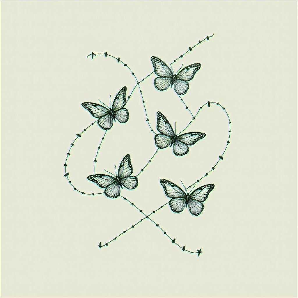 Four butterflies with curvy lines in the backgroundin minimalist style tattoo, featuring simple shapes and fine lines, with minimal shading and details, tiny triangles, creating a sense of balance and harmony - Variation 4