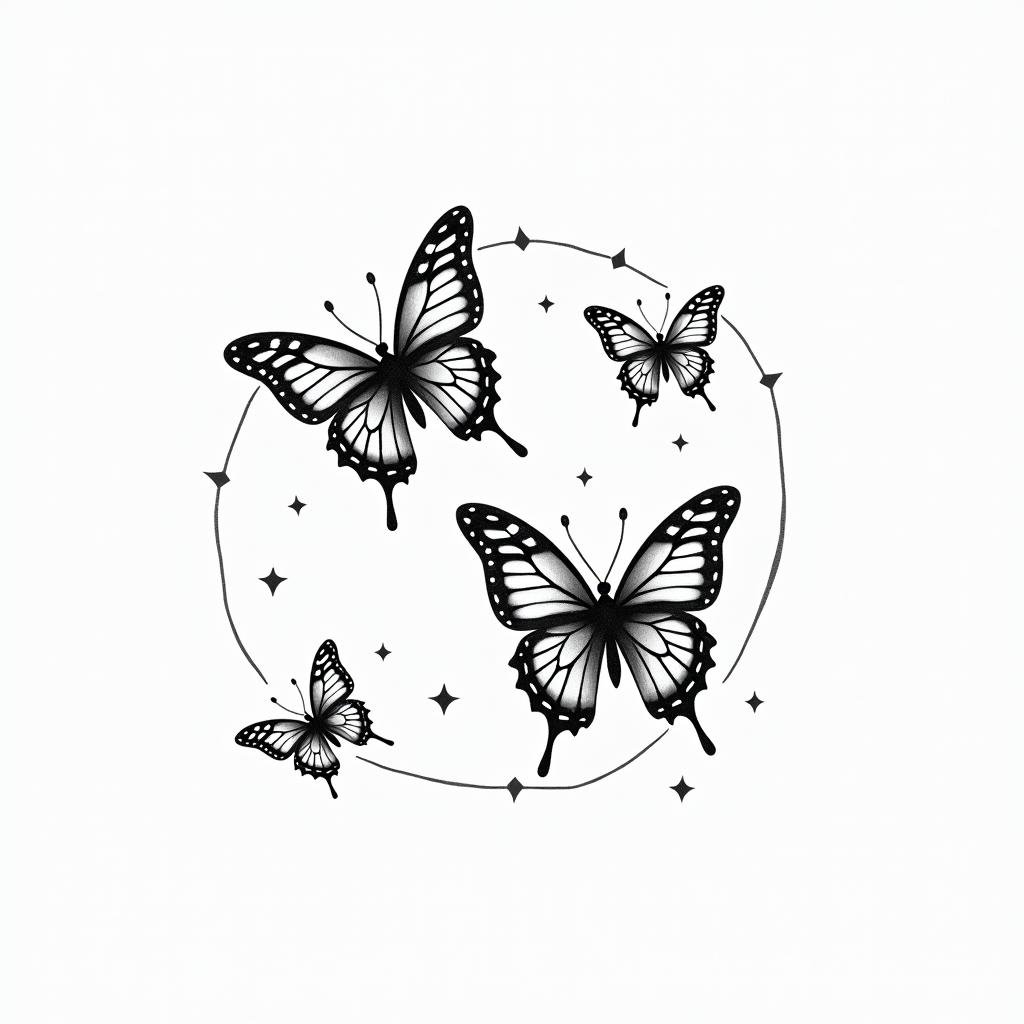 Four butterflies with curvy lines in the backgroundin minimalist style tattoo, featuring simple shapes and fine lines, with minimal shading and details, tiny triangles, creating a sense of balance and harmony - Variation 2