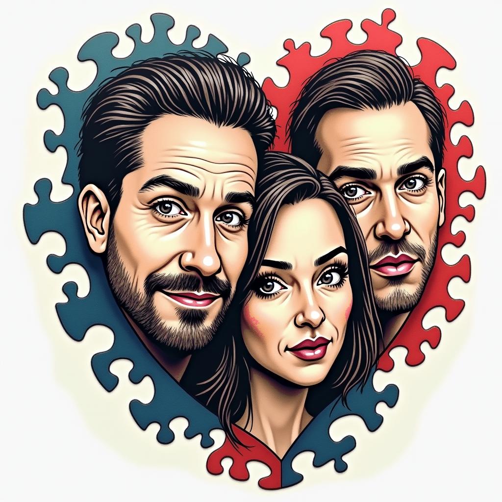 Puzzle tattoo that represents 4 siblings, three men and one woman.in pop art style tattoo, featuring bold and vibrant colors, exaggerated outlines, iconic imagery, inspired by comic books and speech bubbles, comic book characters, retro pop culture - Variation 2