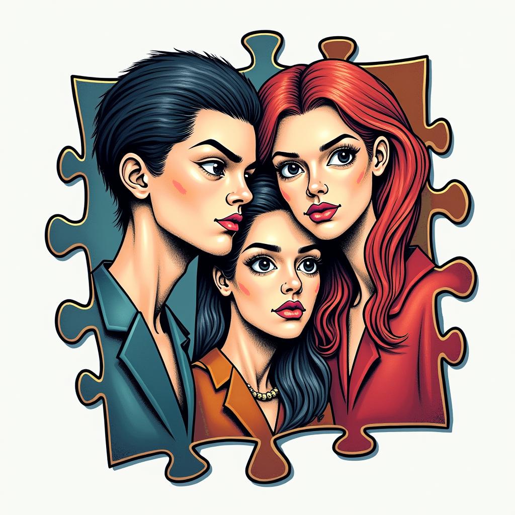 Puzzle tattoo that represents 4 siblings, three men and one woman.in pop art style tattoo, featuring bold and vibrant colors, exaggerated outlines, iconic imagery, inspired by comic books and speech bubbles, comic book characters, retro pop culture
