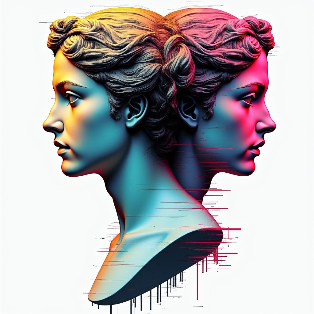 Denise, twins, 21.05.1991, Bielefeldin distorted and fragmented tattoo design, featuring a classical statue bust, in a glitch art style with vibrant, overlapping colors of cyan, magenta, and yellow, creating a digital distortion effect - Variation 1
