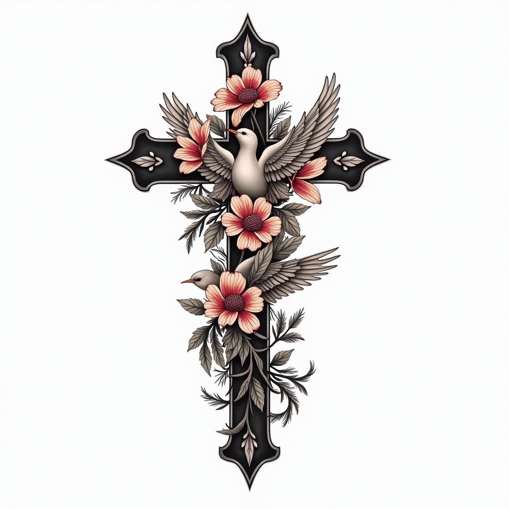 A traditional tattoo design featuring a cross intertwined with vibrant flowers and birds, symbolizing faith, healing, and forgiveness. The name "London Liliana" elegantly incorporated into the design, representing family and love. The overall composition reflects resilience and the journey of overcoming personal struggles.higly detailed tattoo