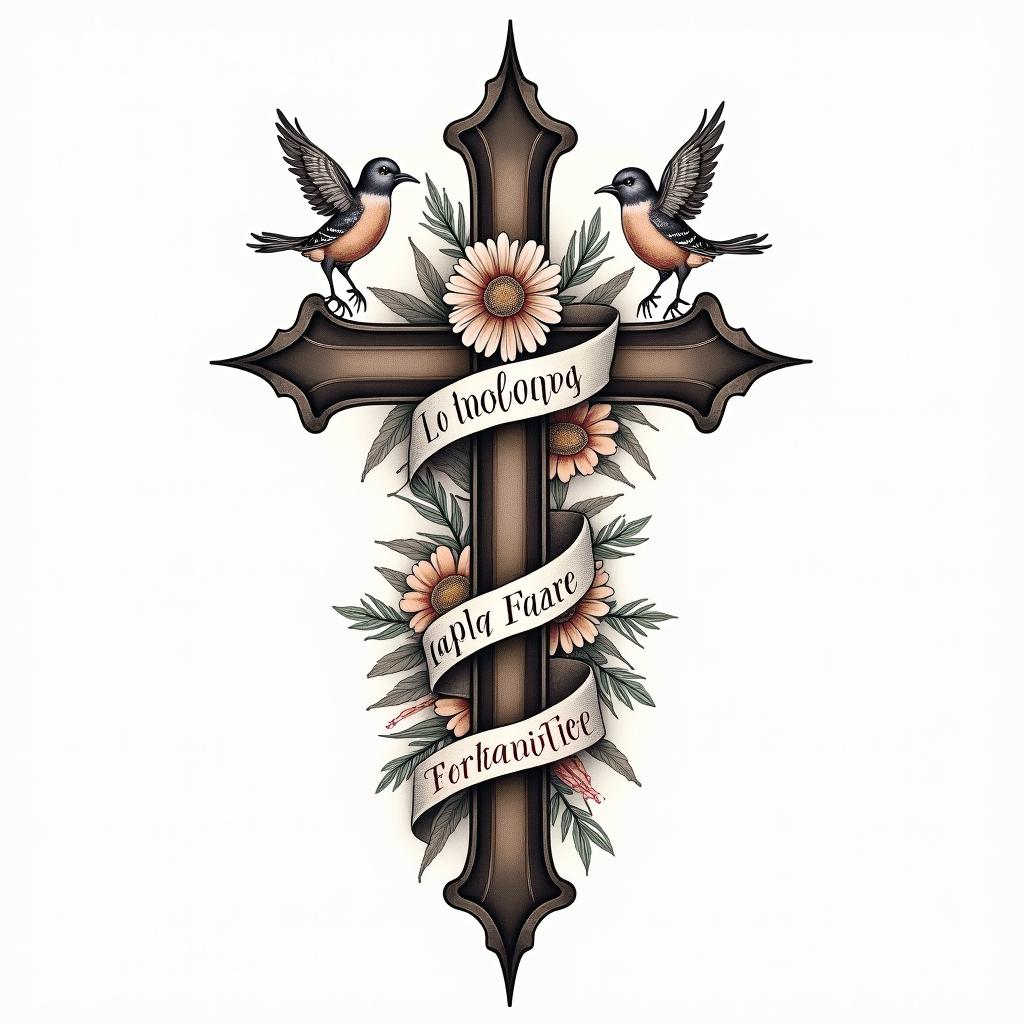A traditional tattoo design featuring a cross intertwined with vibrant flowers and birds, symbolizing faith, healing, and forgiveness. The name "London Liliana" elegantly incorporated into the design, representing family and love. The overall composition reflects resilience and the journey of overcoming personal struggles.higly detailed tattoo - Variation 4