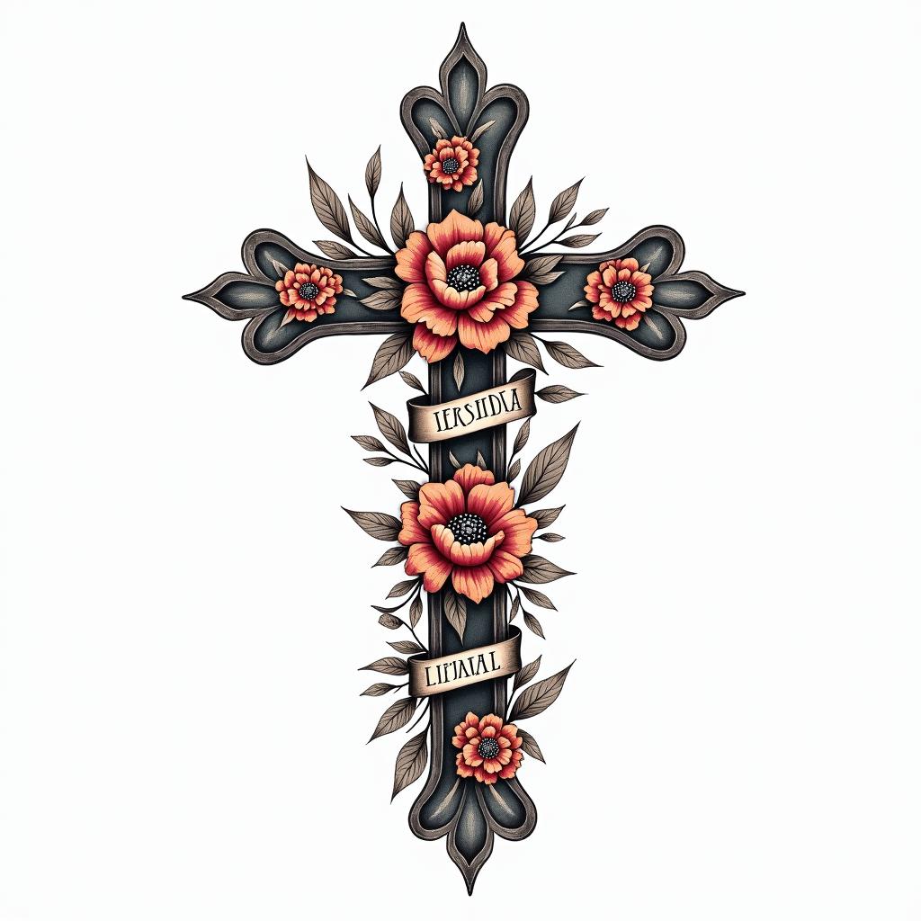 A traditional tattoo design featuring a cross intertwined with vibrant flowers and birds, symbolizing faith, healing, and forgiveness. The name "London Liliana" elegantly incorporated into the design, representing family and love. The overall composition reflects resilience and the journey of overcoming personal struggles.higly detailed tattoo - Variation 3