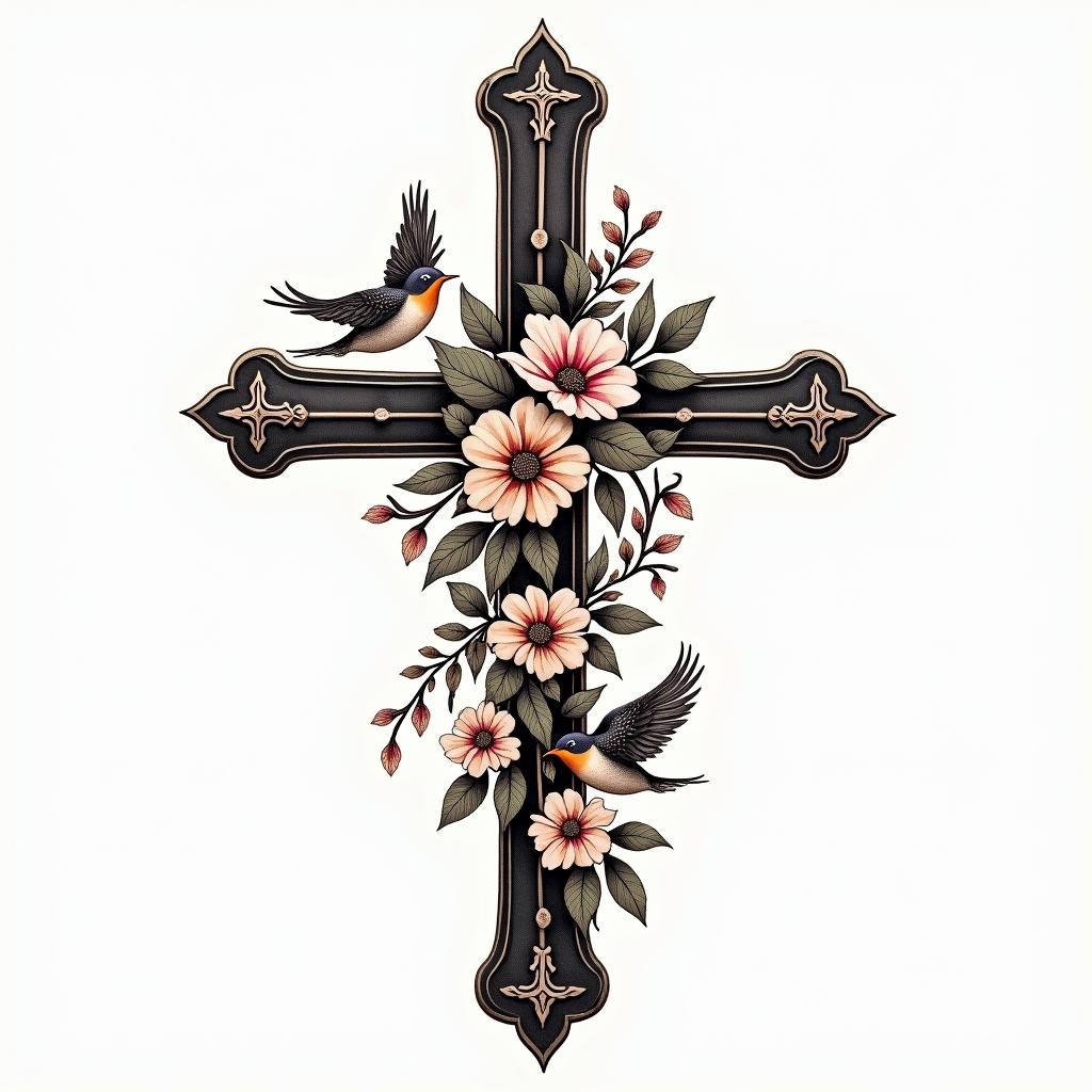 A traditional tattoo design featuring a cross intertwined with vibrant flowers and birds, symbolizing faith, healing, and forgiveness. The name "London Liliana" elegantly incorporated into the design, representing family and love. The overall composition reflects resilience and the journey of overcoming personal struggles.higly detailed tattoo - Variation 2