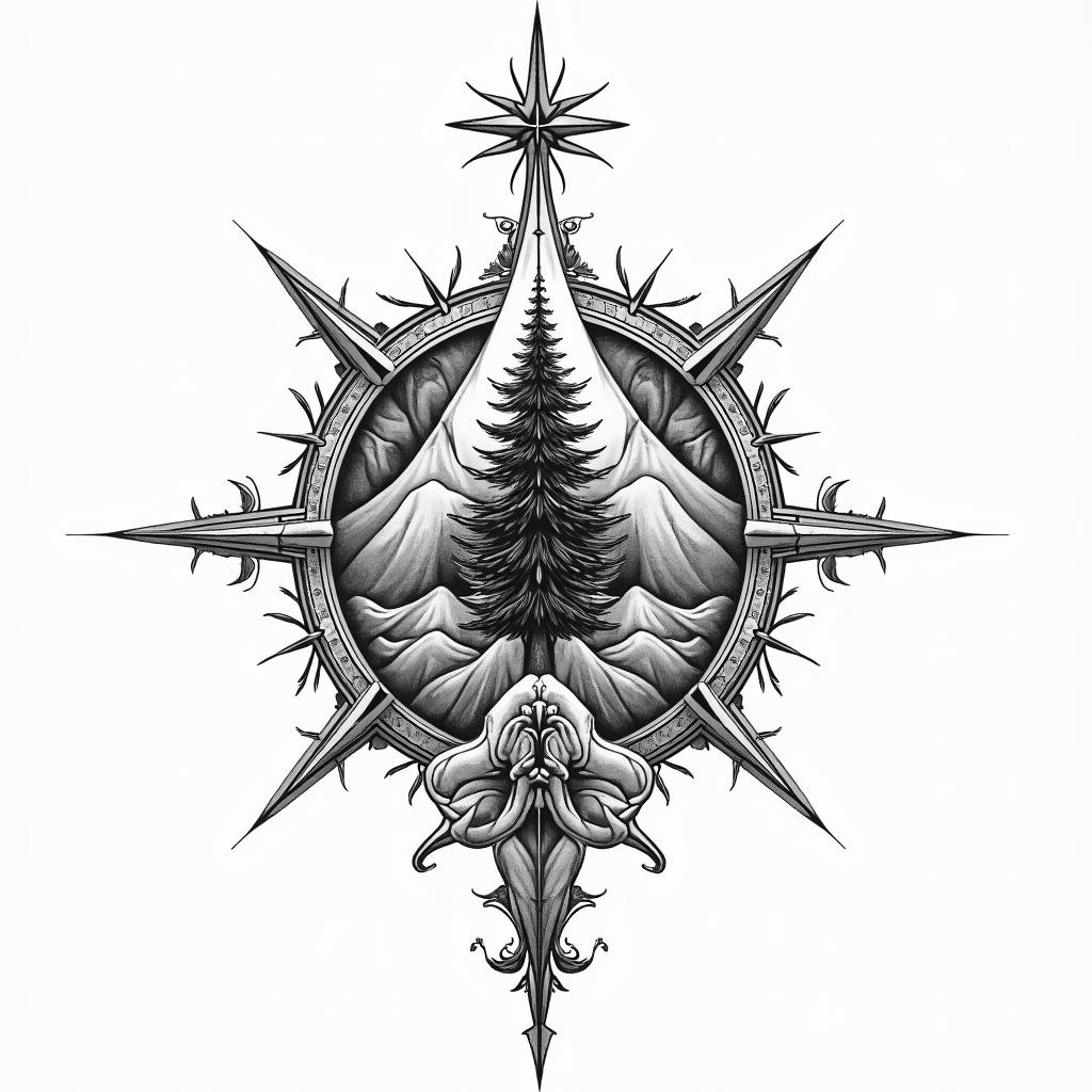 Compass mountains and tree clave tattooin ornamental tattoo style, featuring intricate symmetrical patterns and floral designs, showcasing highly detailed line work and geometric shapes, creating a sense of elegance and balance