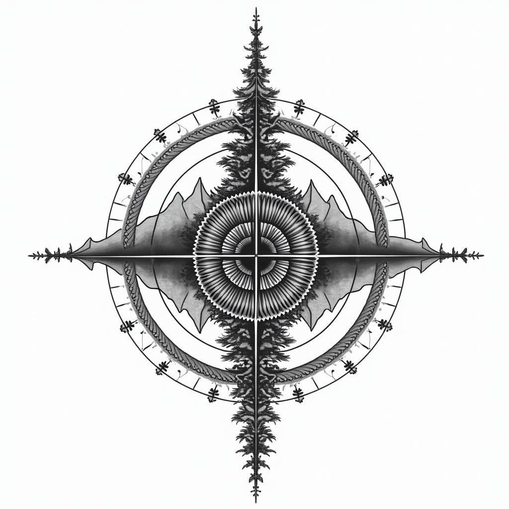 Compass mountains and tree clave tattooin ornamental tattoo style, featuring intricate symmetrical patterns and floral designs, showcasing highly detailed line work and geometric shapes, creating a sense of elegance and balance - Variation 3