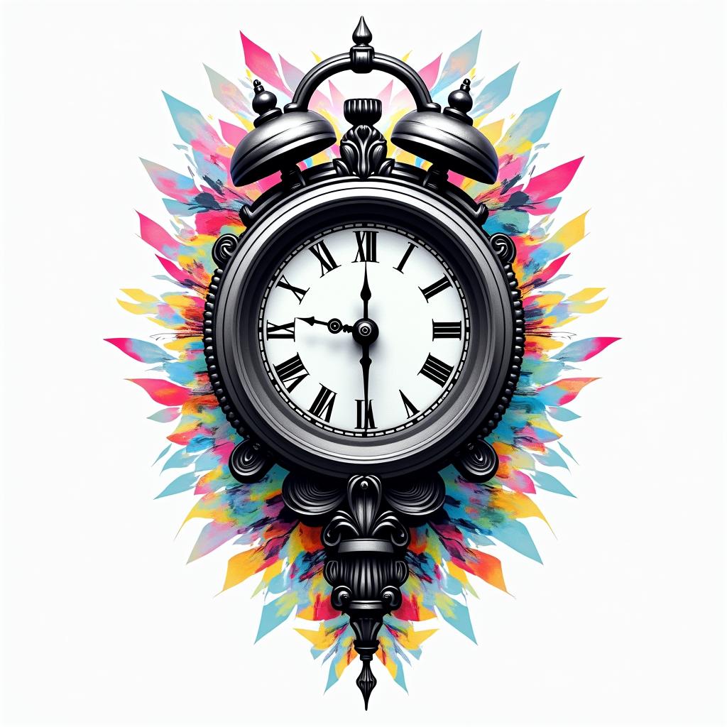 Bkack and white clockin distorted and fragmented tattoo design, featuring a classical statue bust, in a glitch art style with vibrant, overlapping colors of cyan, magenta, and yellow, creating a digital distortion effect - Variation 4