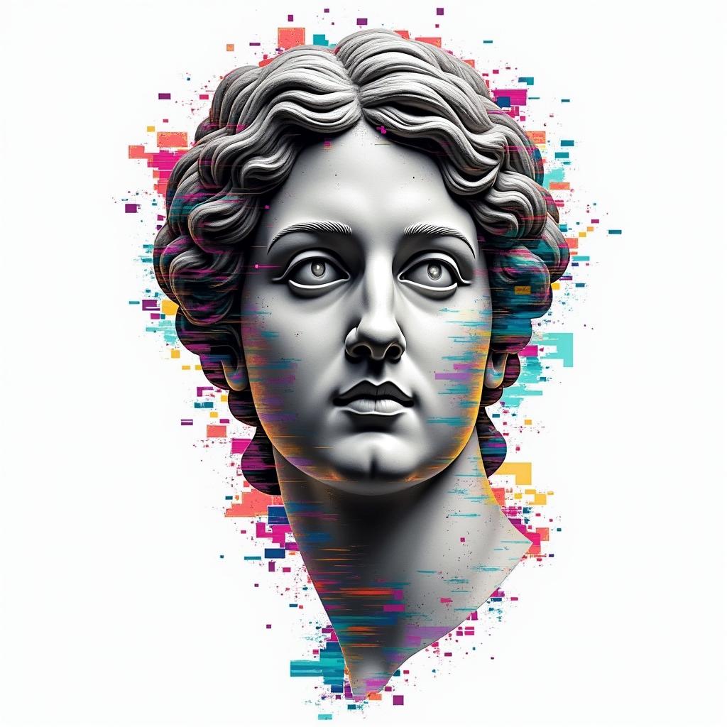 Bkack and white clockin distorted and fragmented tattoo design, featuring a classical statue bust, in a glitch art style with vibrant, overlapping colors of cyan, magenta, and yellow, creating a digital distortion effect