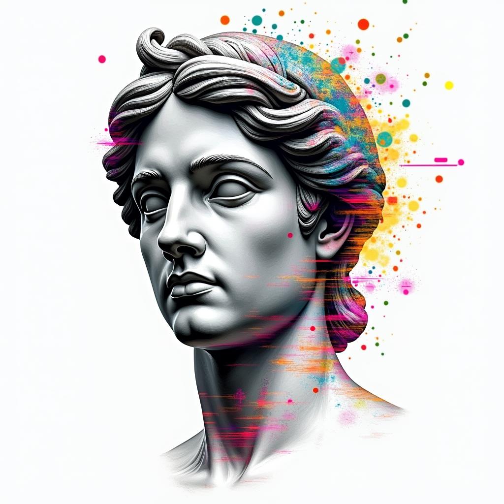 Bkack and white clockin distorted and fragmented tattoo design, featuring a classical statue bust, in a glitch art style with vibrant, overlapping colors of cyan, magenta, and yellow, creating a digital distortion effect - Variation 2