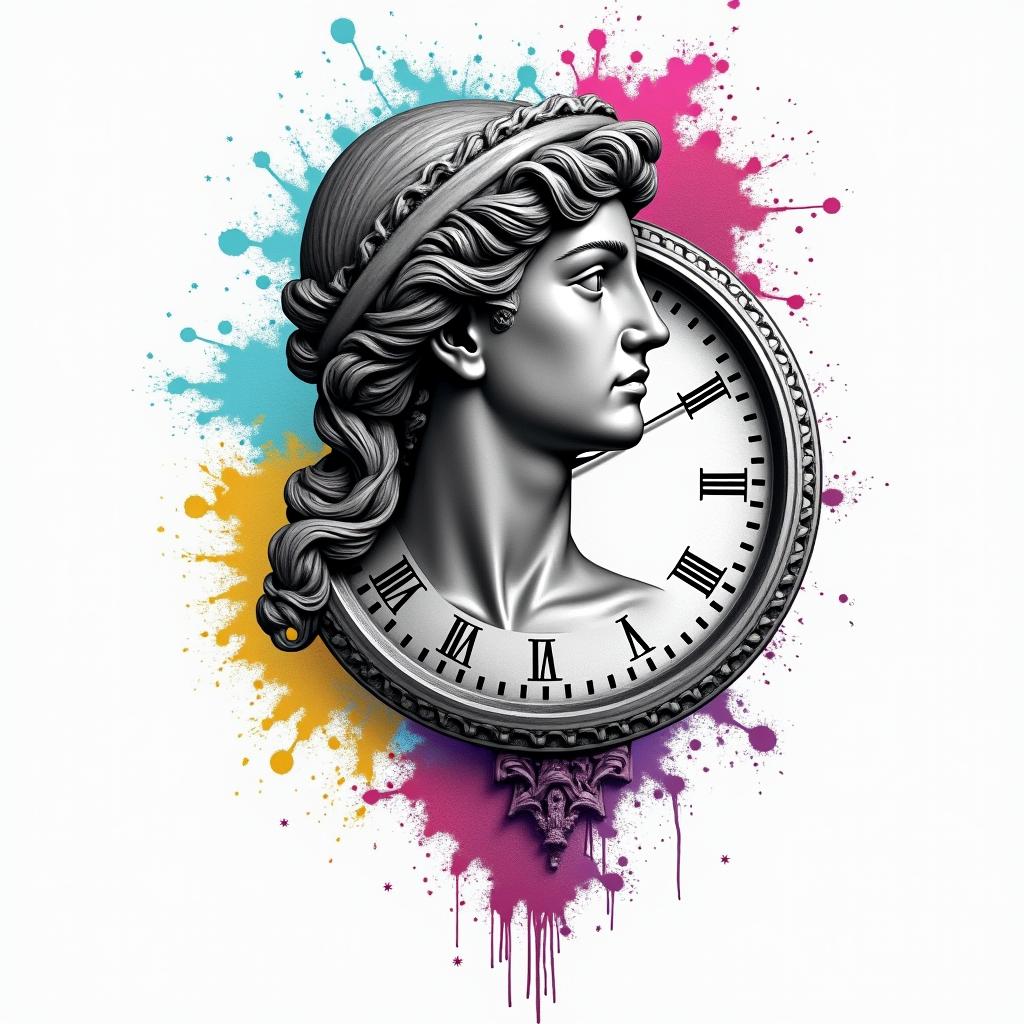 Bkack and white clockin distorted and fragmented tattoo design, featuring a classical statue bust, in a glitch art style with vibrant, overlapping colors of cyan, magenta, and yellow, creating a digital distortion effect - Variation 3