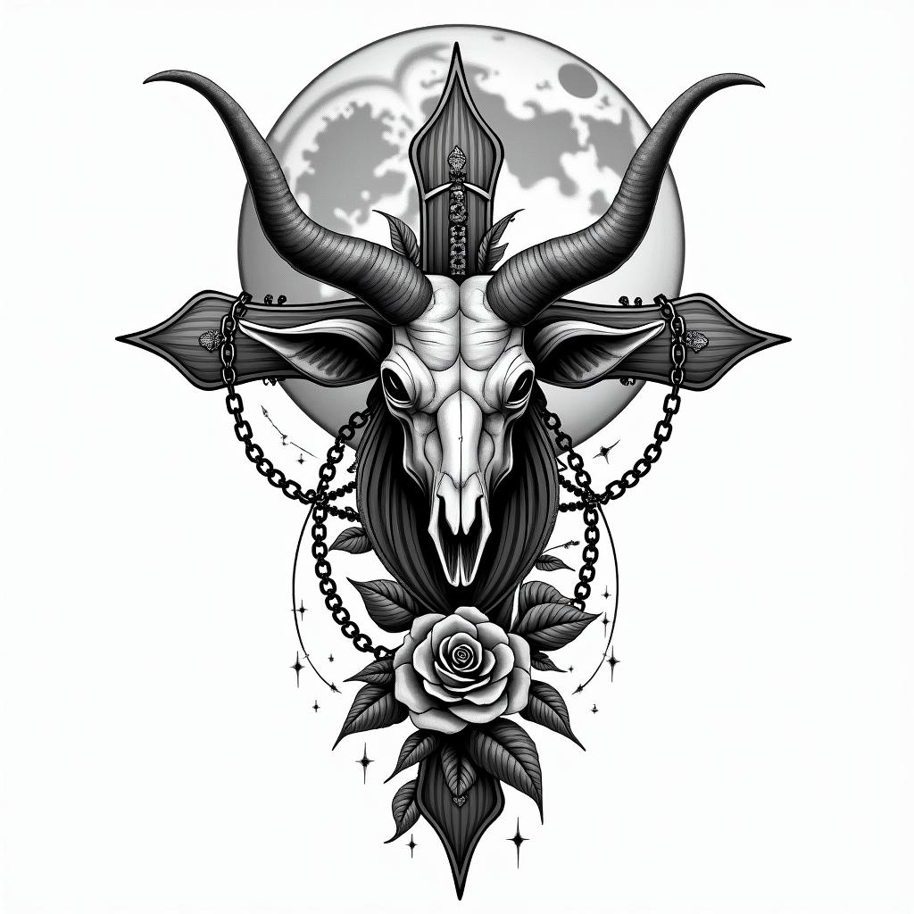 Taurus. Moon. Plants.in chicano style tattoo, featuring intricate black and grey shading, bold elements of traditional chicano culture symbols, add a big cross with skull, chains and roses - Variation 4