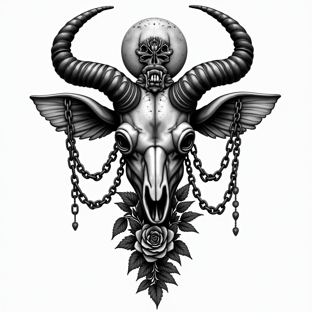 Taurus. Moon. Plants.in chicano style tattoo, featuring intricate black and grey shading, bold elements of traditional chicano culture symbols, add a big cross with skull, chains and roses - Variation 3