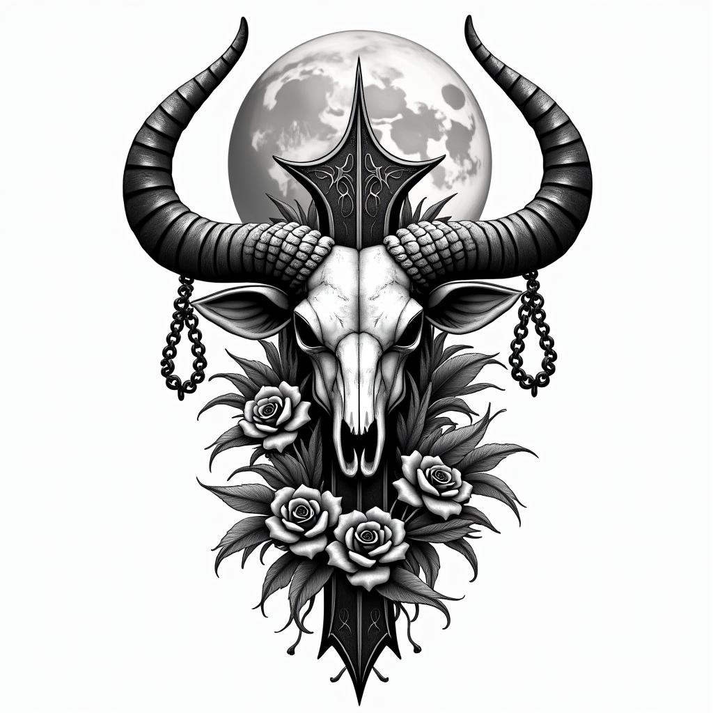 Taurus. Moon. Plants.in chicano style tattoo, featuring intricate black and grey shading, bold elements of traditional chicano culture symbols, add a big cross with skull, chains and roses