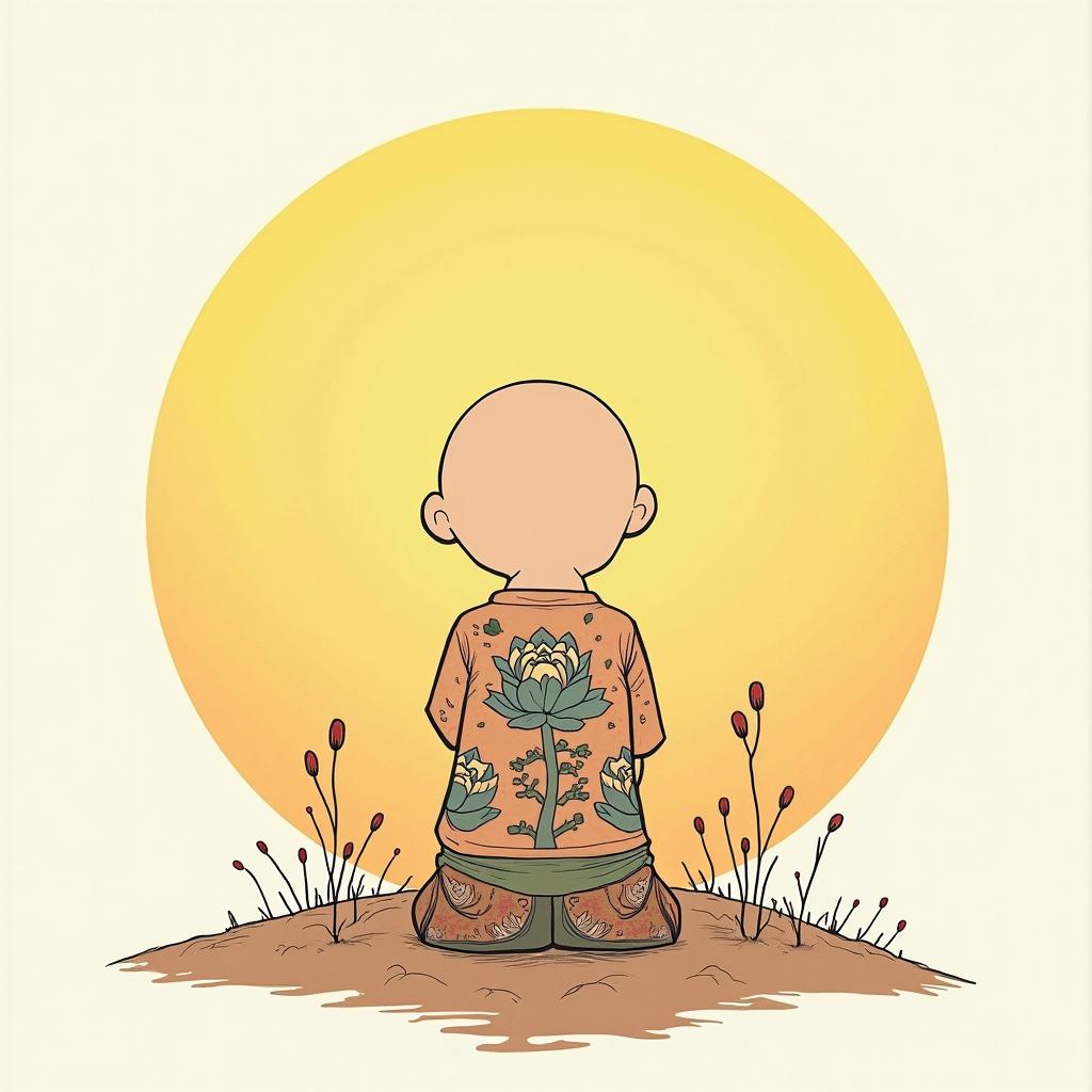 Sun eclipse, love foreverGhibli, Studio Ghibli aesthetic, hand-drawn anime style, retro nostalgic atmosphere, retro soft pastel color palette with earthy tones, retro Japanese cinematic shot, yellow tint effect, bald character, smooth surface, anime shadow 90's anime style - Variation 3