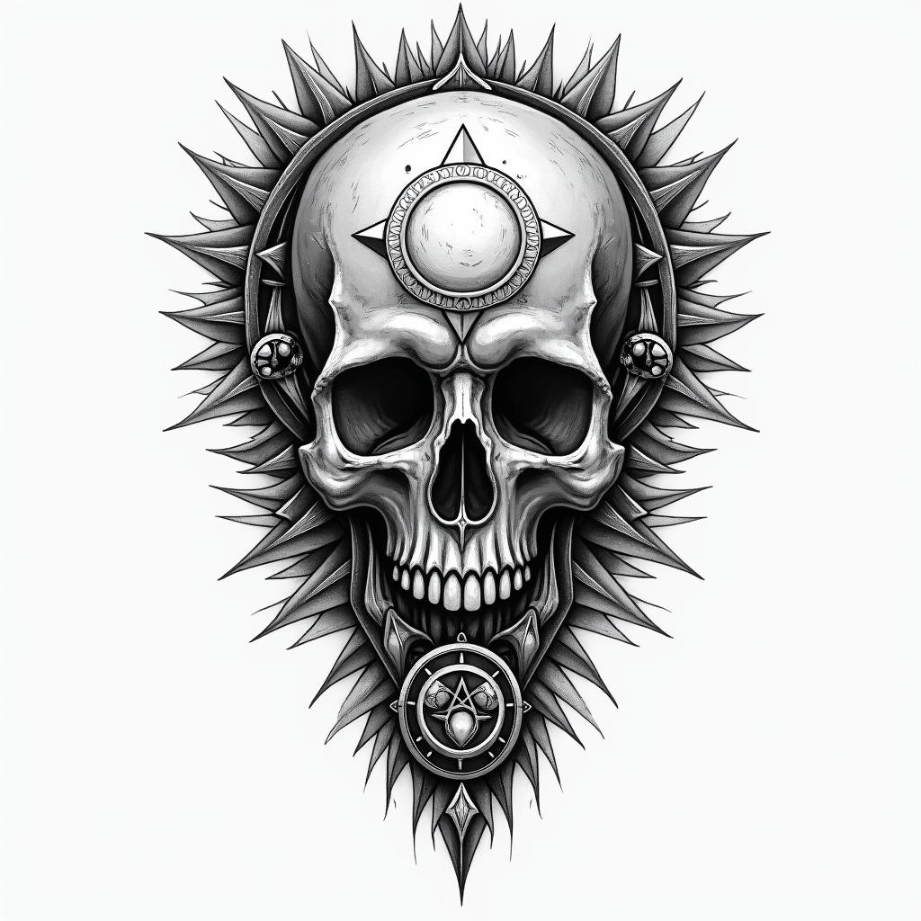 A. Shoulder piece with different kinds of skull in paganic style tattoo, featuring ancient symbols, add vegvisir symbol, mystical figures, incorporating designs, pentagrams, runes, crescent moons, - Variation 3