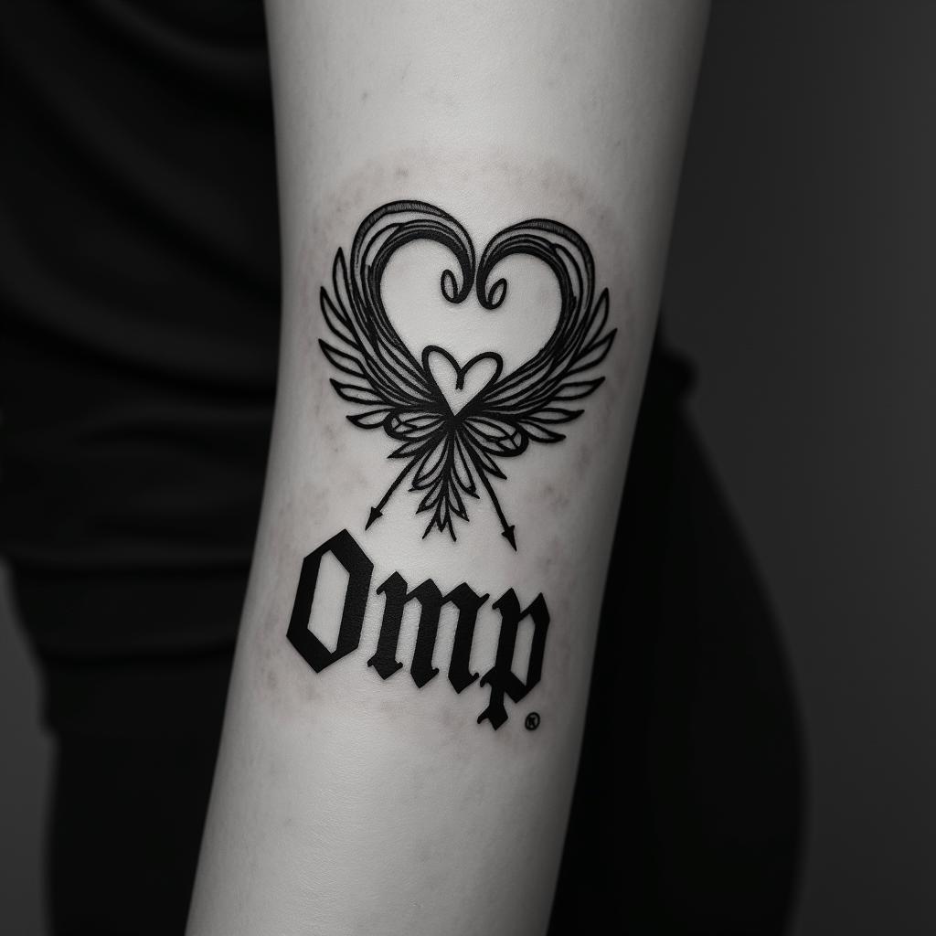 fnpl with heart and bowtext-based tattoo, gothic font ultra-realistic, perfectly placed, high-quality font design, photo-realistic shading, 8k, high quality, finely detailed typography - Variation 3