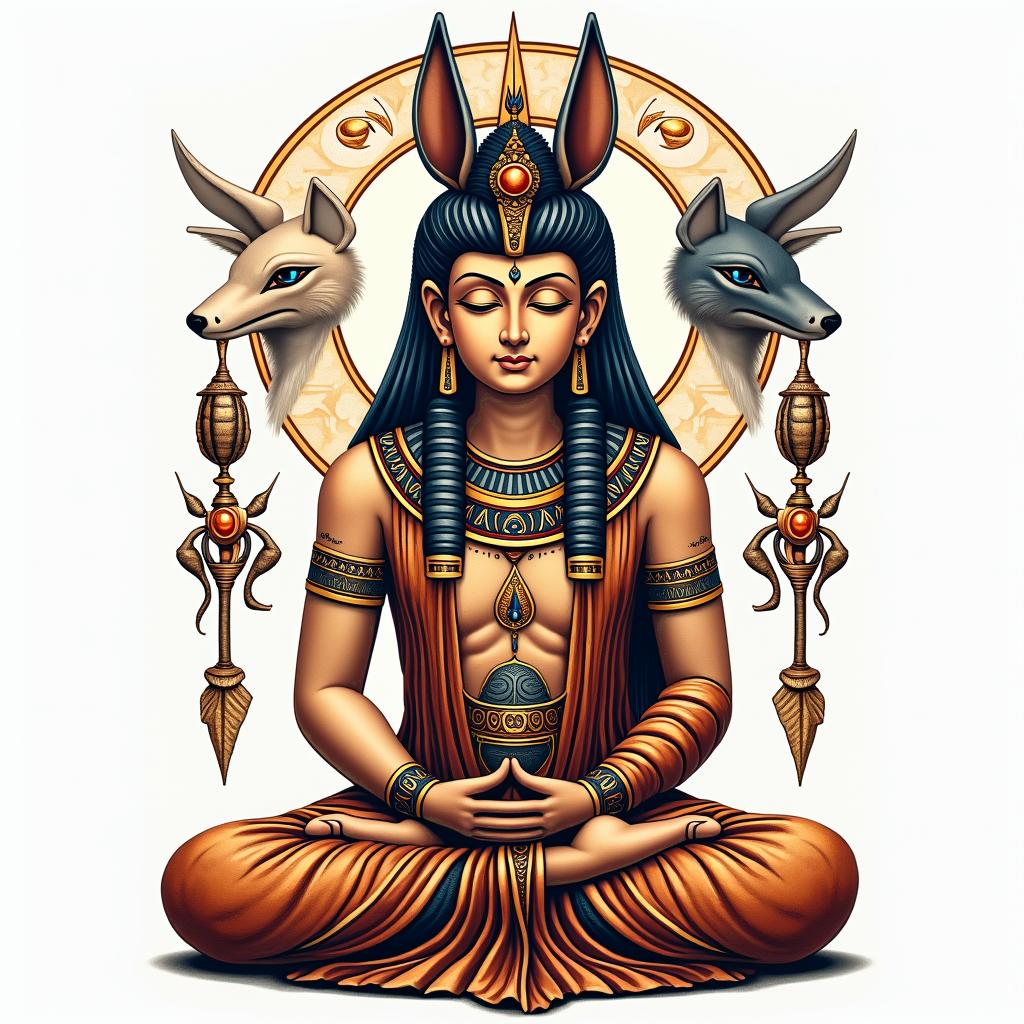 During his meditation, Buddha is protected by a kitsune.in egyptian style tattoo, bold elements of ancient egyptian culture including a portrait of an Egyptian pharaoh with detailed facial features, in hieroglyphs and symbolic imagery, eye of horus, ankh symbol, scarab beetle - Variation 4