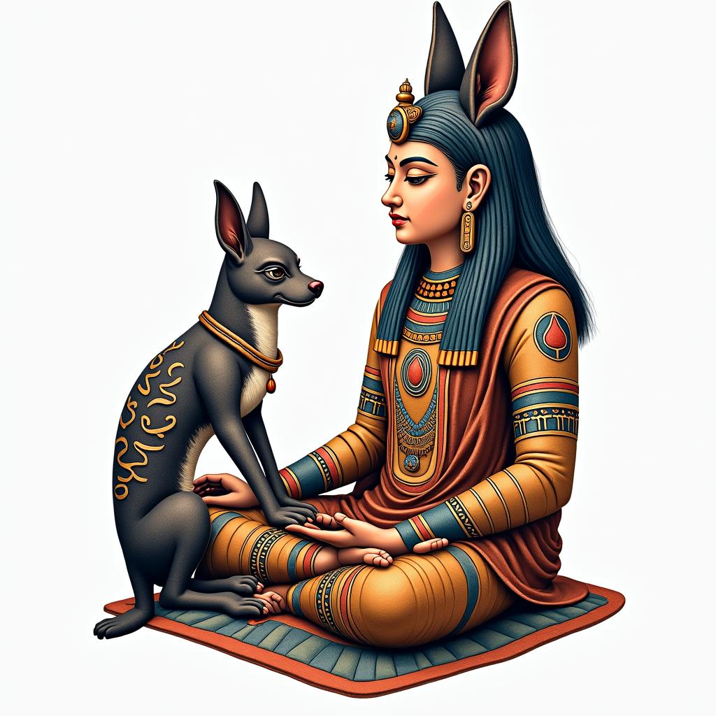 During his meditation, Buddha is protected by a kitsune.in egyptian style tattoo, bold elements of ancient egyptian culture including a portrait of an Egyptian pharaoh with detailed facial features, in hieroglyphs and symbolic imagery, eye of horus, ankh symbol, scarab beetle - Variation 2
