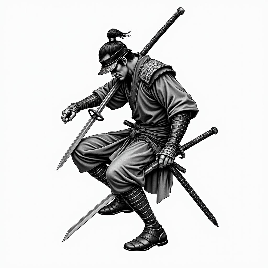 Samurai laying down his sword showing he is giving up on being a fighterin japanese style tattoo, detailed tattoo, traditional japanese culture tattoo, mythology, 8k - Variation 3