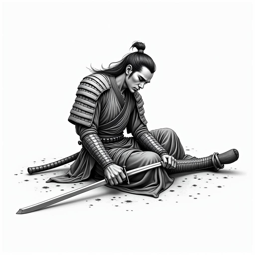Samurai laying down his sword showing he is giving up on being a fighterin japanese style tattoo, detailed tattoo, traditional japanese culture tattoo, mythology, 8k - Variation 2