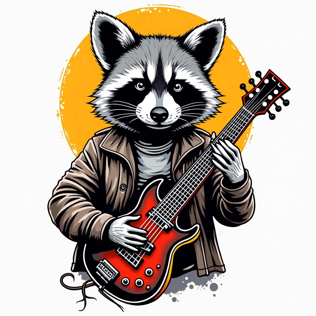 Raccoon rockerin pop art style tattoo, featuring bold and vibrant colors, exaggerated outlines, iconic imagery, inspired by comic books and speech bubbles, comic book characters, retro pop culture - Variation 3