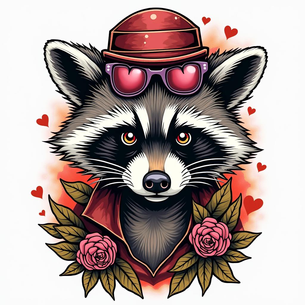 Raccoon rockerin pop art style tattoo, featuring bold and vibrant colors, exaggerated outlines, iconic imagery, inspired by comic books and speech bubbles, comic book characters, retro pop culture - Variation 2