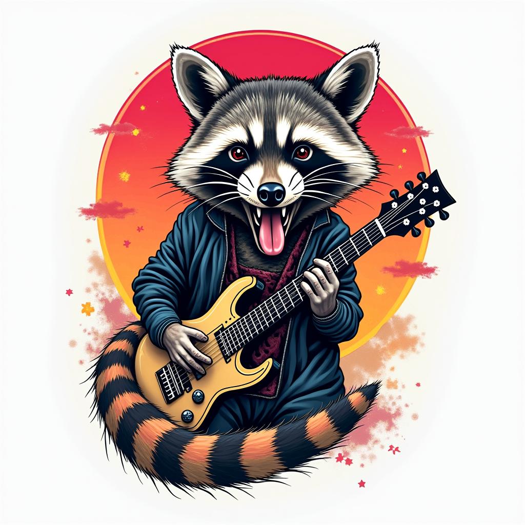 Raccoon rockerin pop art style tattoo, featuring bold and vibrant colors, exaggerated outlines, iconic imagery, inspired by comic books and speech bubbles, comic book characters, retro pop culture