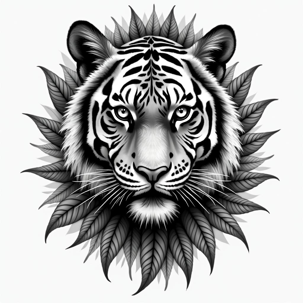 Tiger with intense eyes in a junglein bohemian style tattoo, 8k