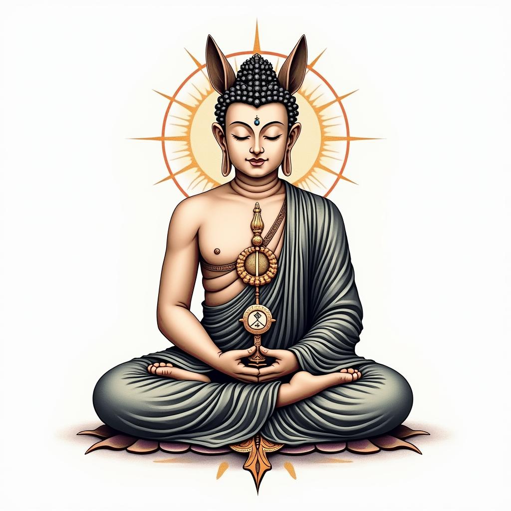 During his meditation, Buddha is protected by a kitsune.in spiritual symbols tattoo style, featuring an intricate design incorporating elements, Hamsa hand, third eye, minimalist composition