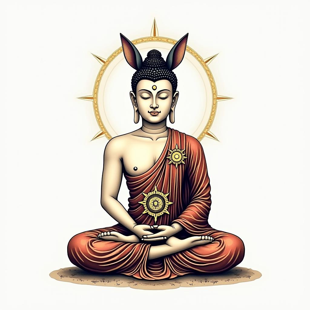 During his meditation, Buddha is protected by a kitsune.in spiritual symbols tattoo style, featuring an intricate design incorporating elements, Hamsa hand, third eye, minimalist composition - Variation 2