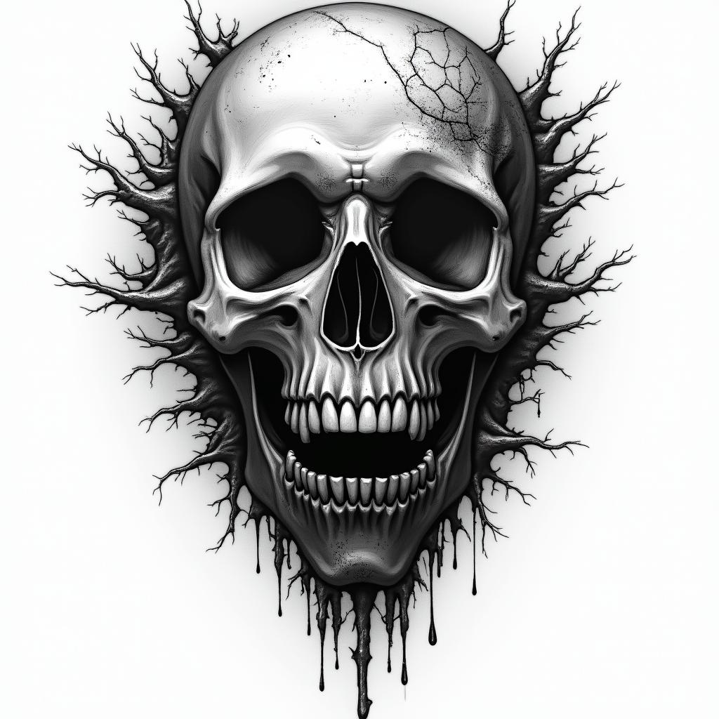 Fineline in horror tattoo style, showcasing haunting and unsettling, dark and gritty textures with skulls, eerie faces, jgged designs, bold and intense shading - Variation 4