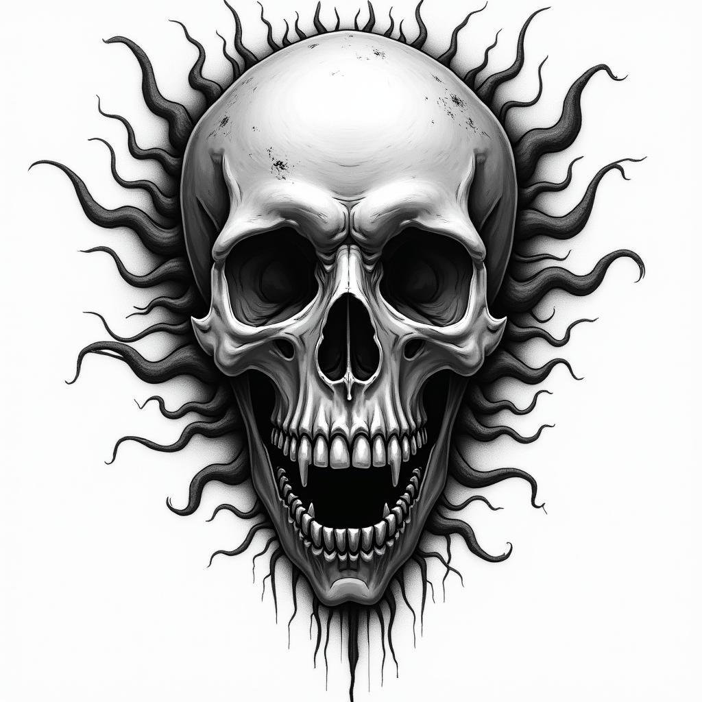 Fineline in horror tattoo style, showcasing haunting and unsettling, dark and gritty textures with skulls, eerie faces, jgged designs, bold and intense shading - Variation 3