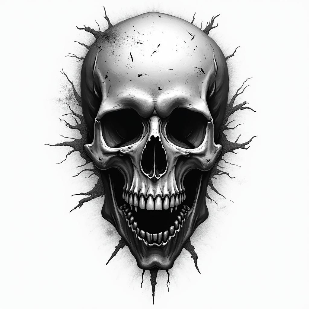 Fineline in horror tattoo style, showcasing haunting and unsettling, dark and gritty textures with skulls, eerie faces, jgged designs, bold and intense shading