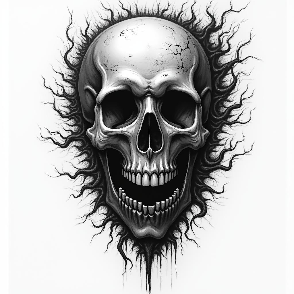 Fineline in horror tattoo style, showcasing haunting and unsettling, dark and gritty textures with skulls, eerie faces, jgged designs, bold and intense shading - Variation 2