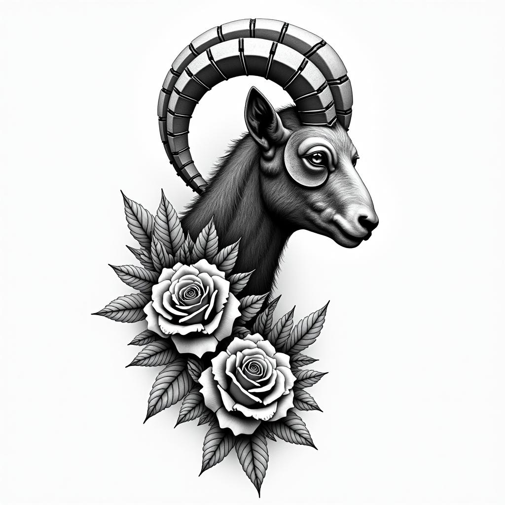 Mountain goat and rosestattoo in biomechanic style, the tattoo covered by robotic elements of futuristic cyberpunk design, robotic features detail, showcasing intricate mechanical components - Variation 2