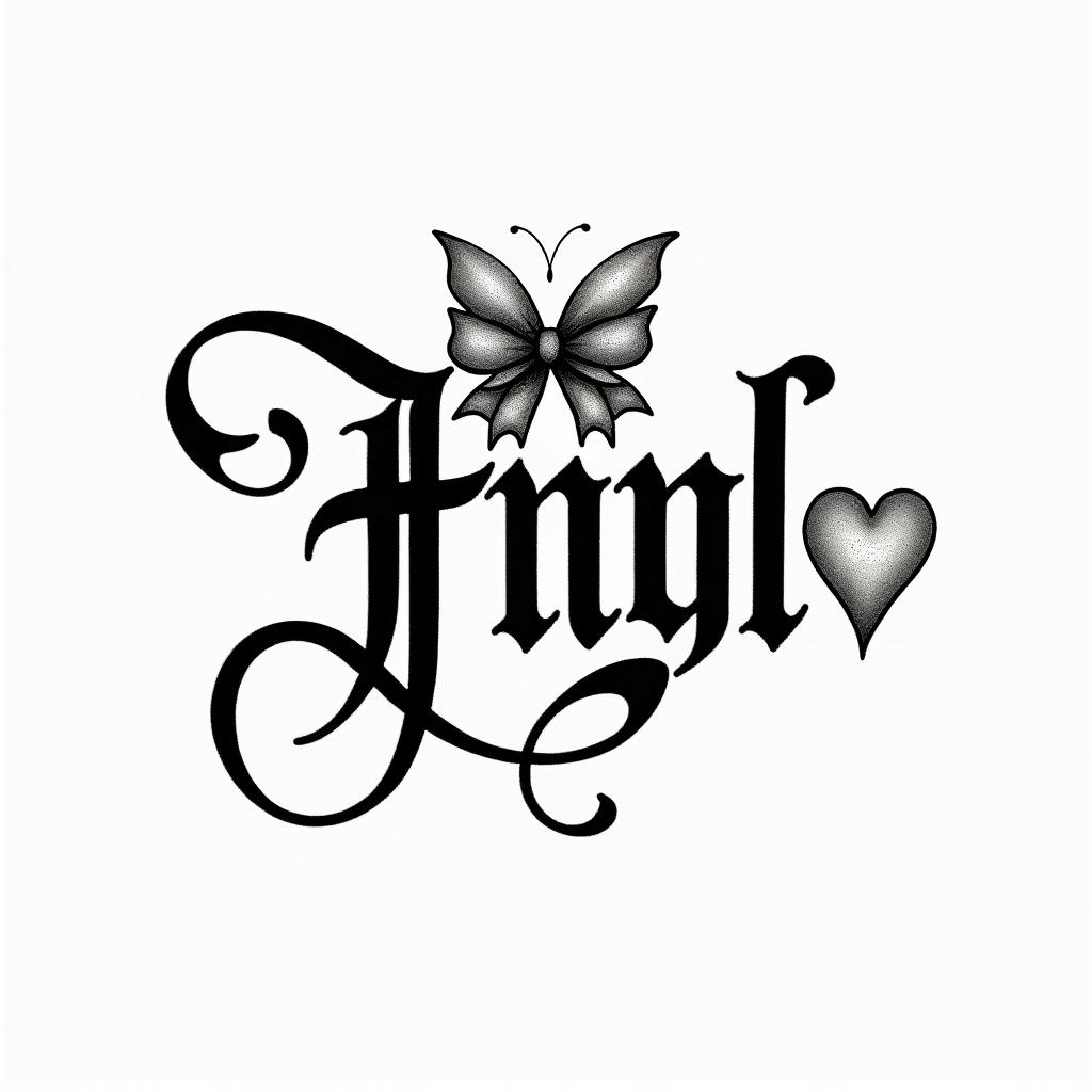 Text “Fnpl” with bow and hearttext-based tattoo, gothic font ultra-realistic, perfectly placed, high-quality font design, photo-realistic shading, 8k, high quality, finely detailed typography - Variation 2
