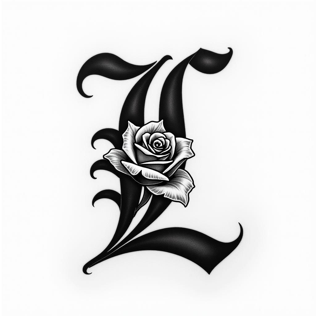 The button of a rose in black and white that intertwines a letter L.higly detailed tattoo - Variation 2