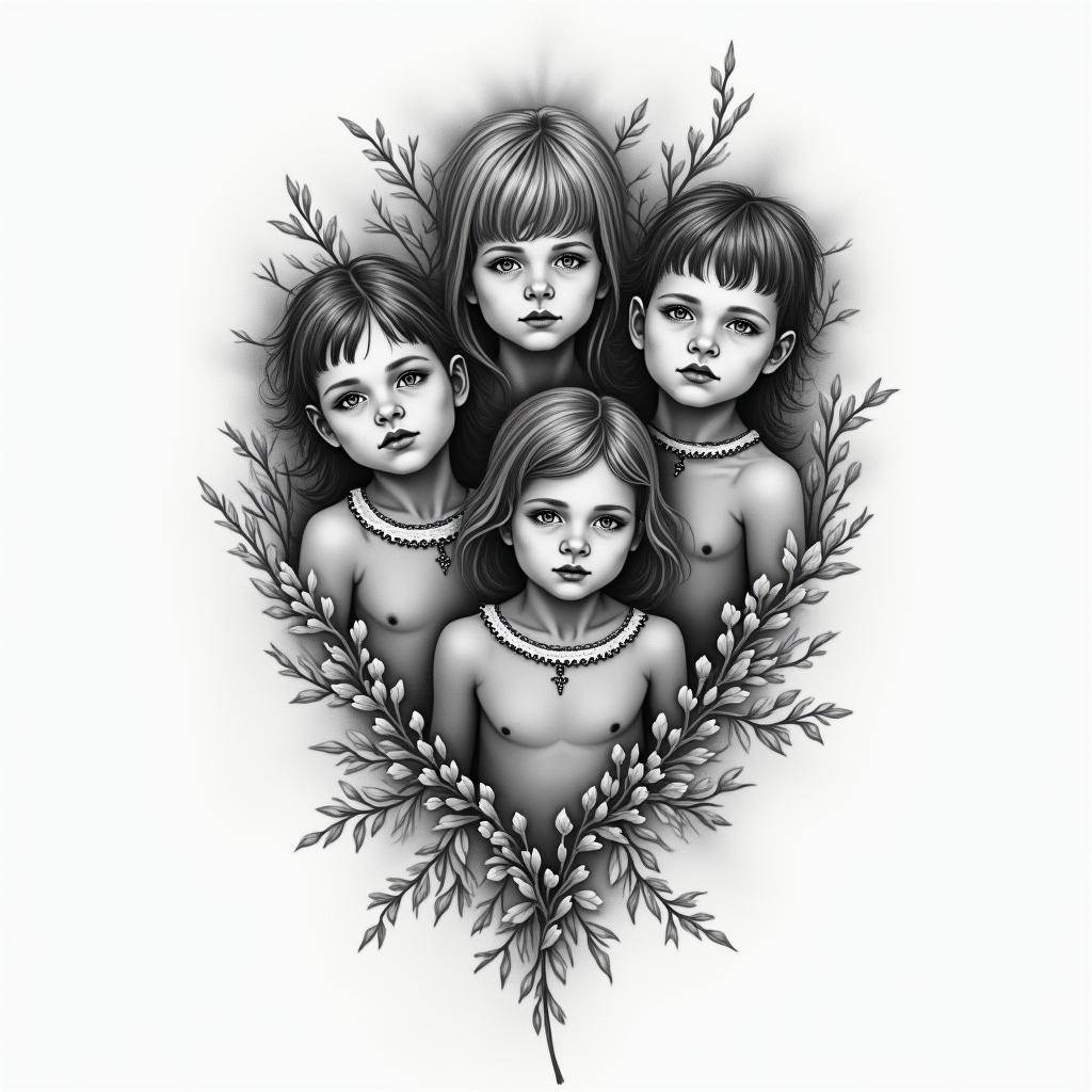 Want to use my 5 children’s birthdates in a tattooin portrait tattoo style, featuring a highly realistic and detailed depiction - Variation 4