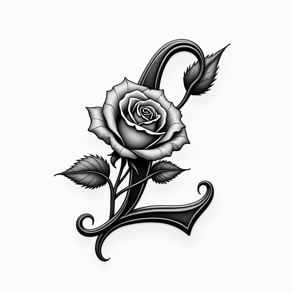 The button of a rose in black and white that intertwines a letter L.higly detailed tattoo - Variation 4