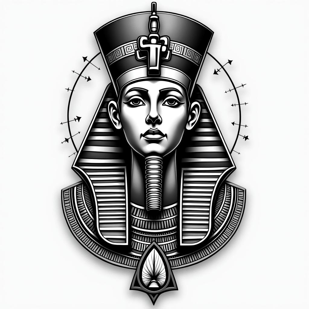 Jalen, Libra, Tennesseein egyptian style tattoo, bold elements of ancient egyptian culture including a portrait of an Egyptian pharaoh with detailed facial features, in hieroglyphs and symbolic imagery, eye of horus, ankh symbol, scarab beetle - Variation 1