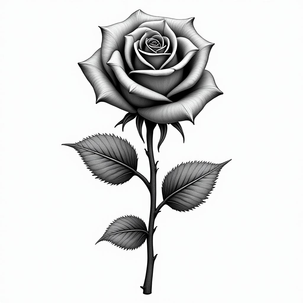 The button of a rose in black and white that intertwines a letter L.higly detailed tattoo - Variation 3
