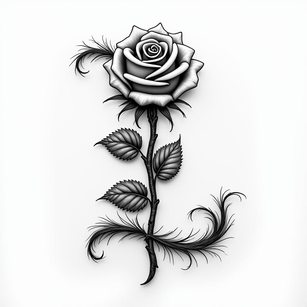 The button of a rose in black and white that intertwines a letter L.higly detailed tattoo