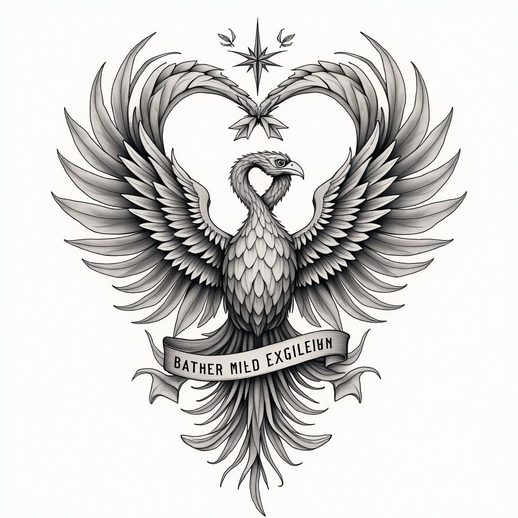 A poignant tattoo design symbolizing the bond between three siblings who have faced hardships, particularly the loss of their mother and health challenges, yet always support one another. The design incorporates elements of strength and resilience, perhaps featuring intertwined hands or hearts to symbolize unity, alongside natural motifs like a phoenix rising, representing overcoming obstacles. A powerful mantra, "Rough life but we prevail together," is gracefully integrated into the artwork, using a flowing and elegant font, with uplifting colors that convey healing and hope.higly detailed tattoo - Variation 4