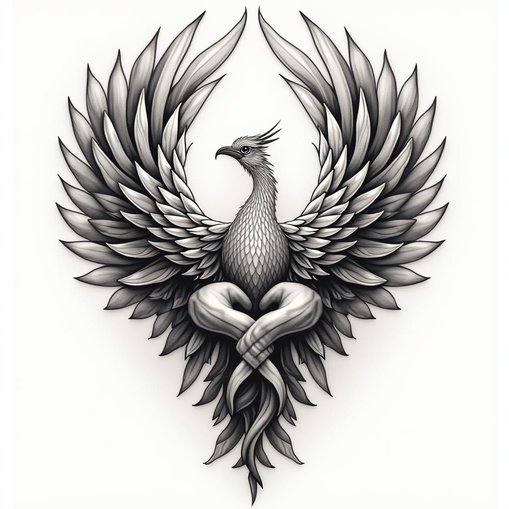 A poignant tattoo design symbolizing the bond between three siblings who have faced hardships, particularly the loss of their mother and health challenges, yet always support one another. The design incorporates elements of strength and resilience, perhaps featuring intertwined hands or hearts to symbolize unity, alongside natural motifs like a phoenix rising, representing overcoming obstacles. A powerful mantra, "Rough life but we prevail together," is gracefully integrated into the artwork, using a flowing and elegant font, with uplifting colors that convey healing and hope.higly detailed tattoo