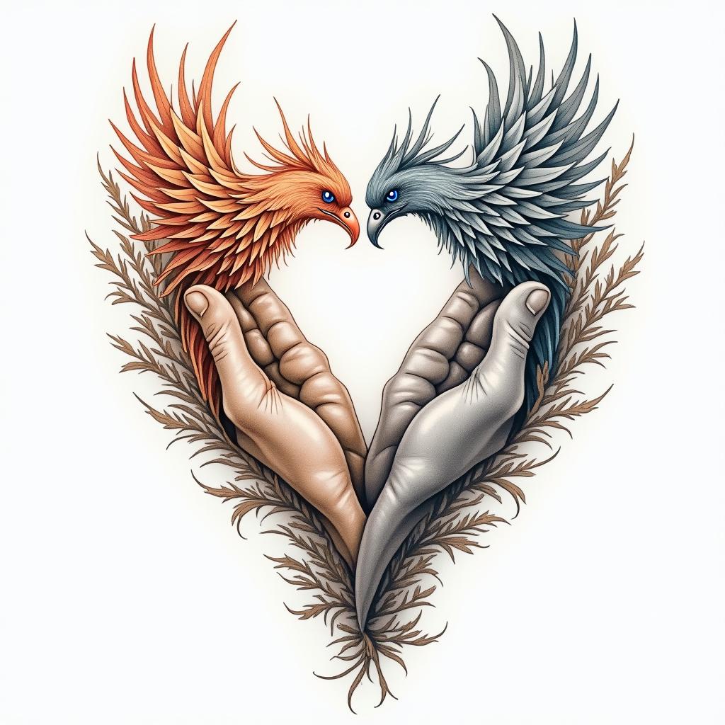 A poignant tattoo design symbolizing the bond between three siblings who have faced hardships, particularly the loss of their mother and health challenges, yet always support one another. The design incorporates elements of strength and resilience, perhaps featuring intertwined hands or hearts to symbolize unity, alongside natural motifs like a phoenix rising, representing overcoming obstacles. A powerful mantra, "Rough life but we prevail together," is gracefully integrated into the artwork, using a flowing and elegant font, with uplifting colors that convey healing and hope.higly detailed tattoo - Variation 3