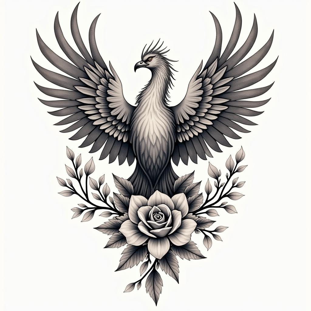 A poignant tattoo design symbolizing the bond between three siblings who have faced hardships, particularly the loss of their mother and health challenges, yet always support one another. The design incorporates elements of strength and resilience, perhaps featuring intertwined hands or hearts to symbolize unity, alongside natural motifs like a phoenix rising, representing overcoming obstacles. A powerful mantra, "Rough life but we prevail together," is gracefully integrated into the artwork, using a flowing and elegant font, with uplifting colors that convey healing and hope.higly detailed tattoo - Variation 2