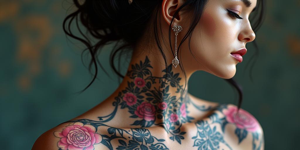 Futuristic cyberpunk girl with neon accentsin victorian style tattoo, featuring vintage and elegant elements, ornate frames, roses, antique, sepia-toned color scheme - Variation 7