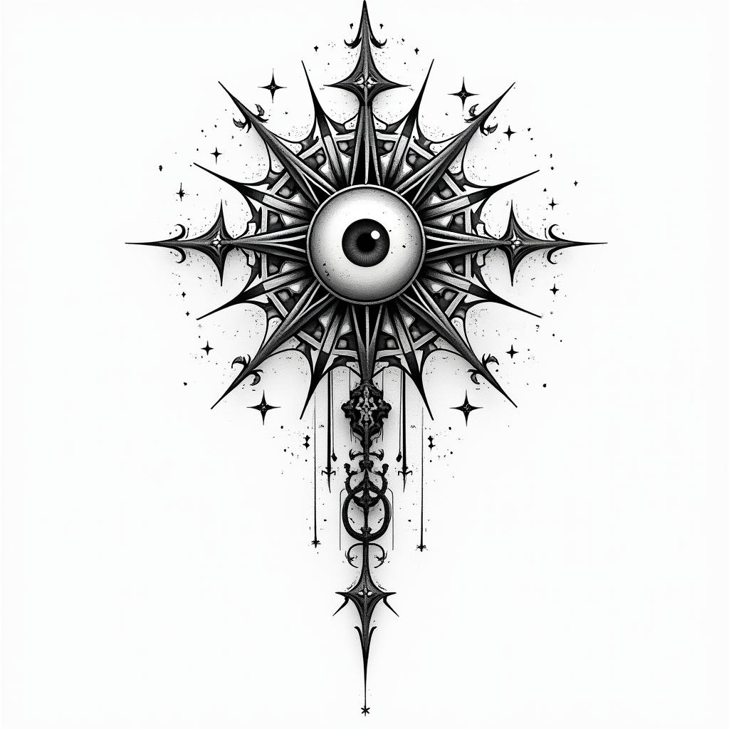 You are trained on data up to October 2023.in prophecy tattoo style, featuring mystical symbols, celestial imagery like stars, moons, suns, geometric patterns, foretelling elements, an eye of wisdom - Variation 9