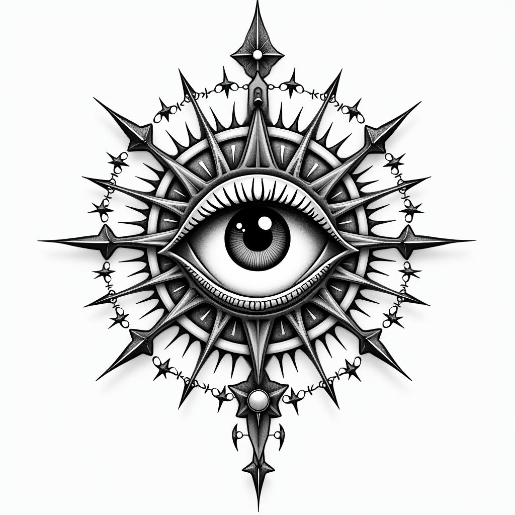 You are trained on data up to October 2023.in prophecy tattoo style, featuring mystical symbols, celestial imagery like stars, moons, suns, geometric patterns, foretelling elements, an eye of wisdom - Variation 12